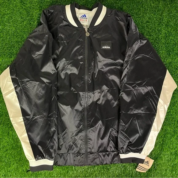 NWT New With Tags Vintage 90s Adidas Black & White Satin Bomber Jacket Mens 2XL - Picture 1 of 16